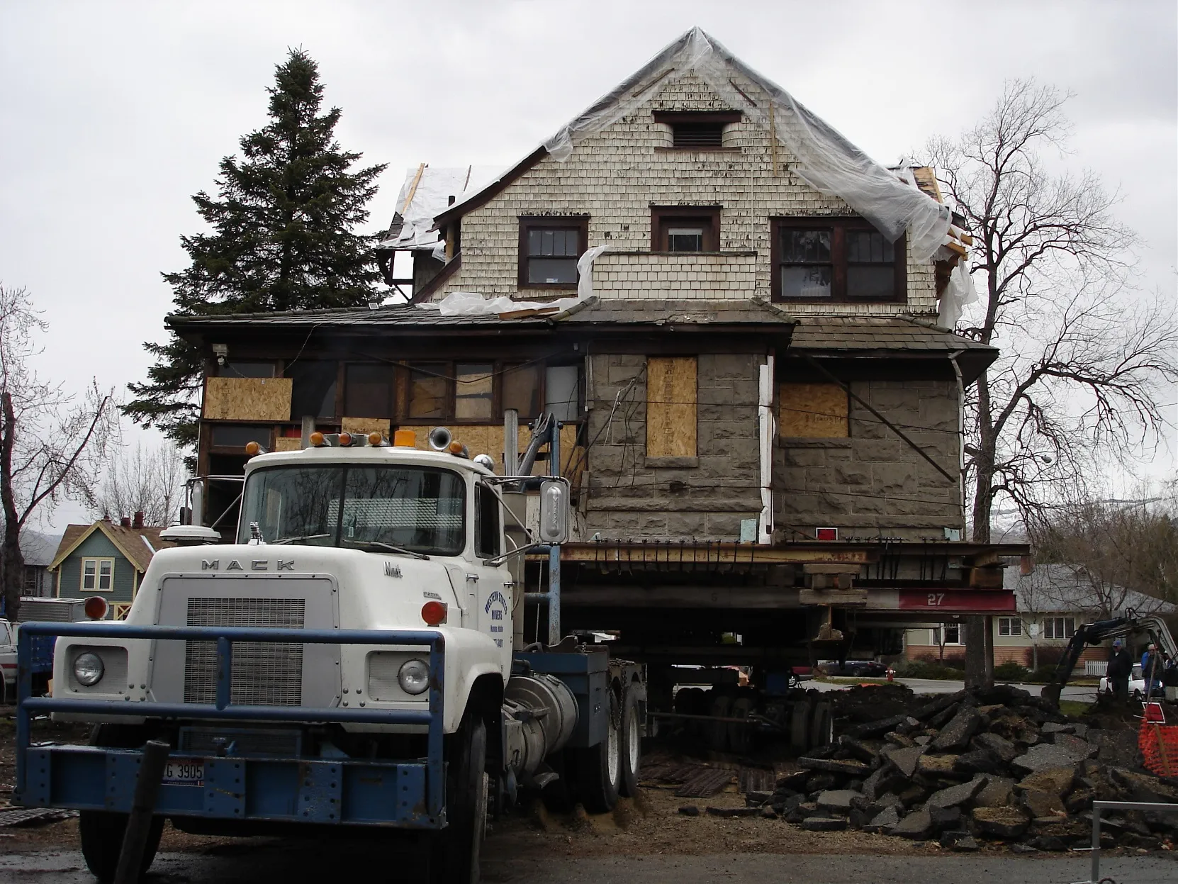 Grey Victorian on a trailer