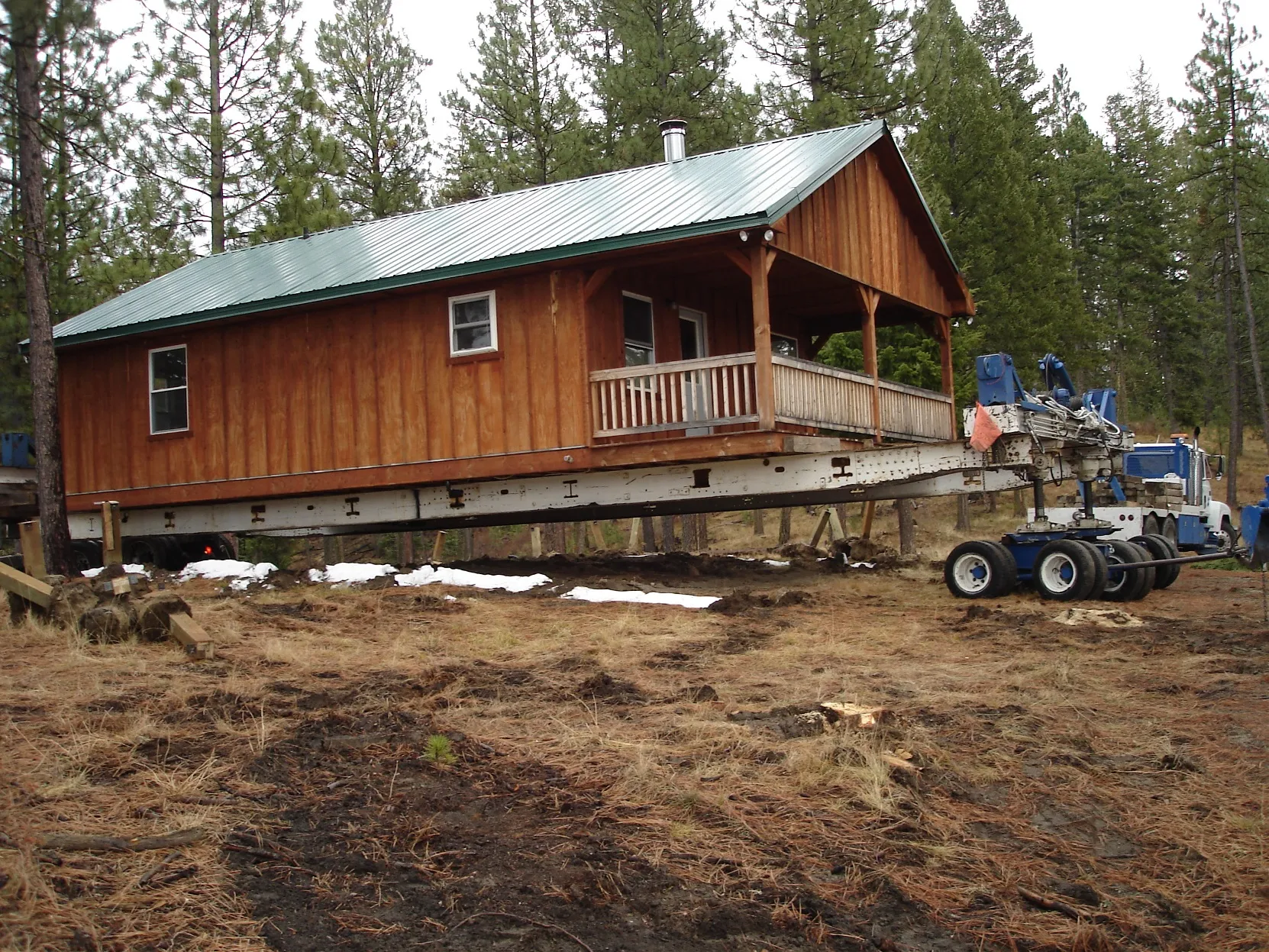Cedar cabin on dollies from another angle
