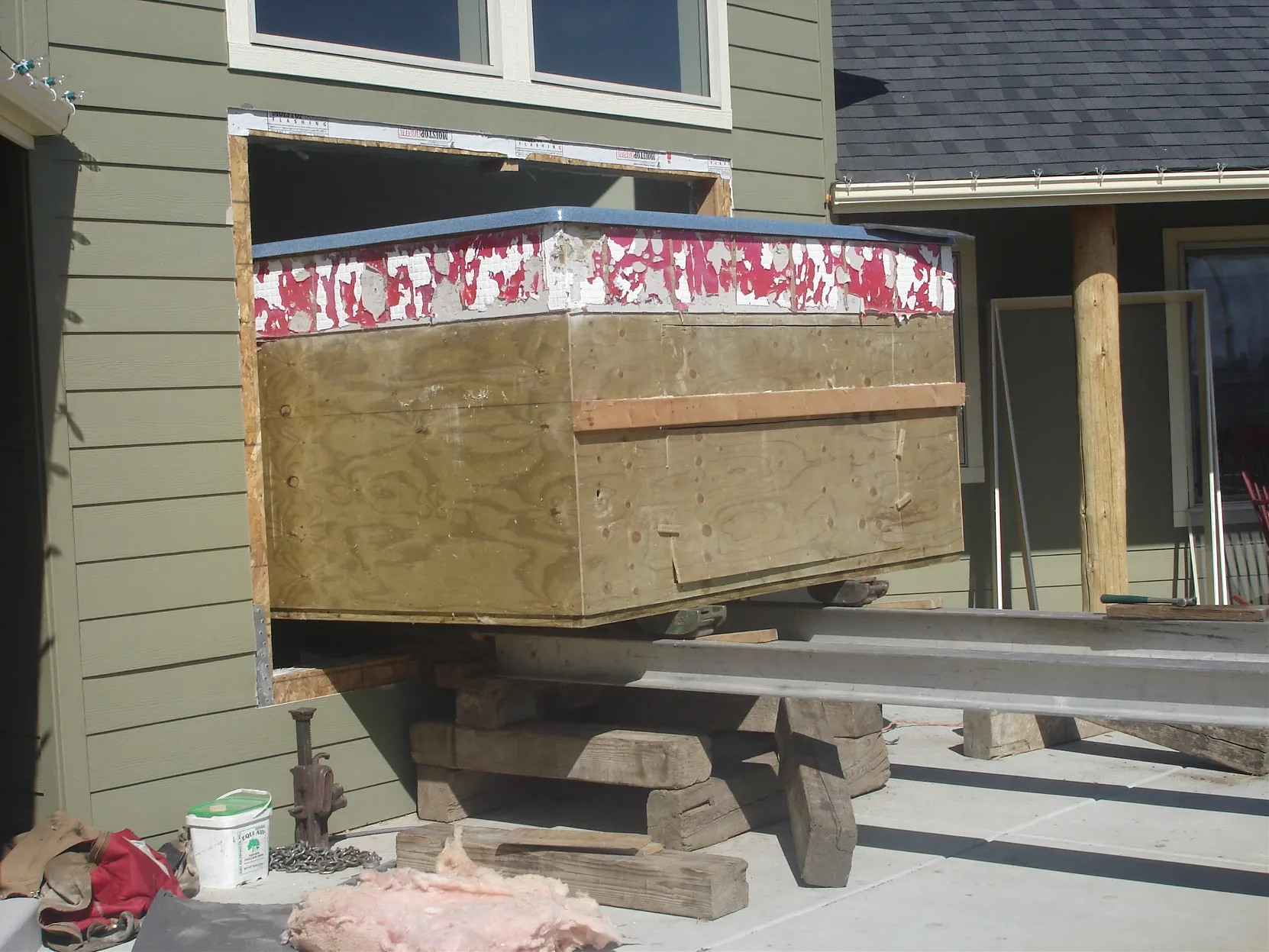 Fiberglass tank staged on supports