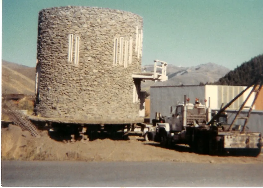 A concrete silo on a trailer